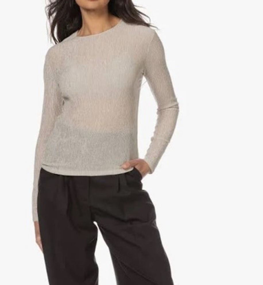 Vince $225 Textured Crinkle Long Sleeve Top Hayseed Beige Large